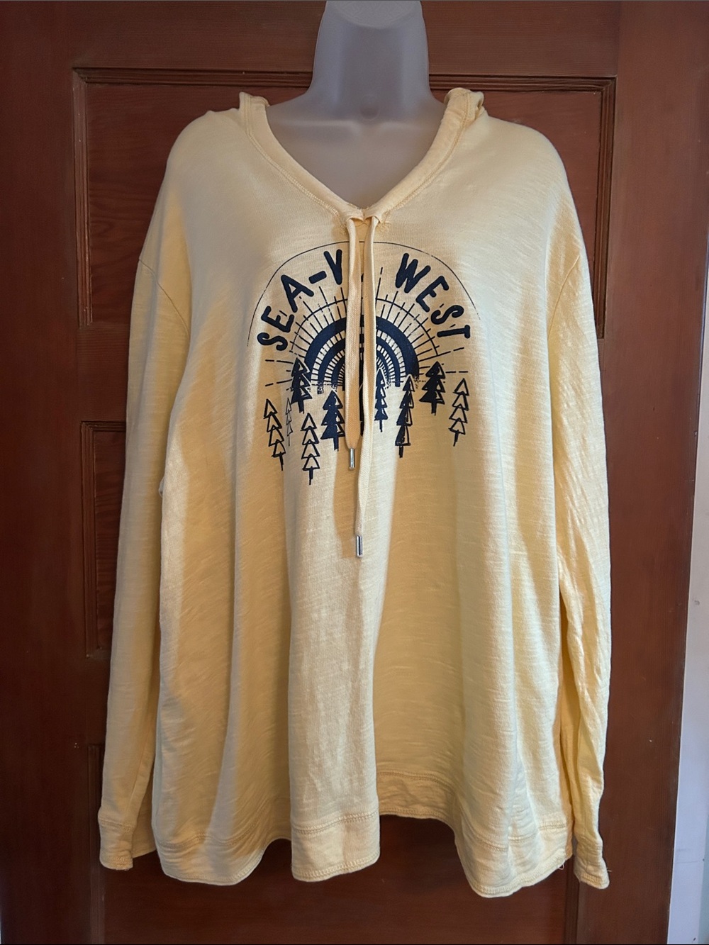 Artisans Pale Yellow Hooded Crewneck Sweater SEA-VU-WEST graphic